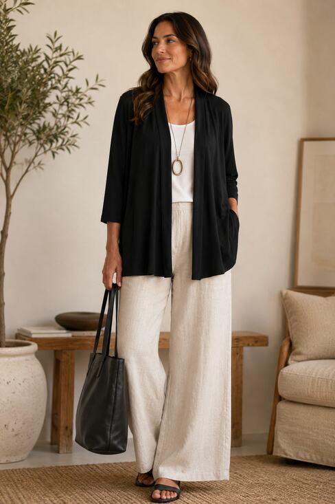 Eileen Fisher Sweaters - Eileen Fisher Woman Black Open Front Knit Cardigan Jacket 2X Stretch Lightweight